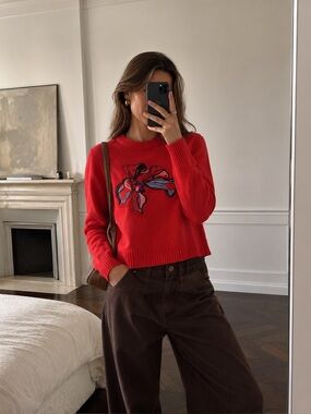 Lewit Embroidered Abstract Flower Sweater – Coral Red Wool-Blend – XS –